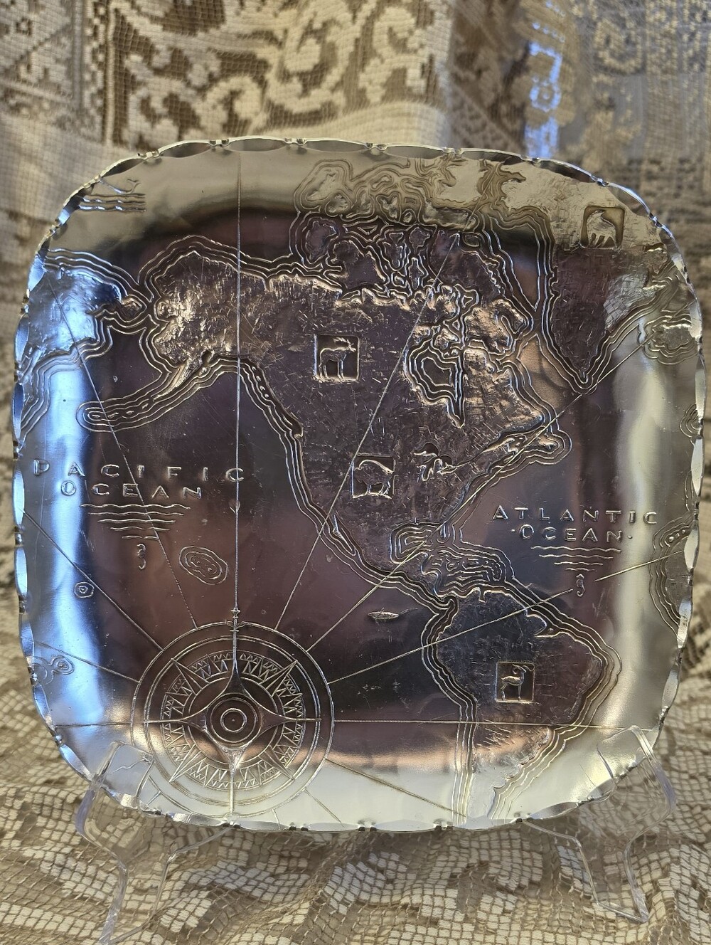 Vtg Metal Goods Corp Aluminum World Map Tray MCM Square 8.5" Plate MGC Americas